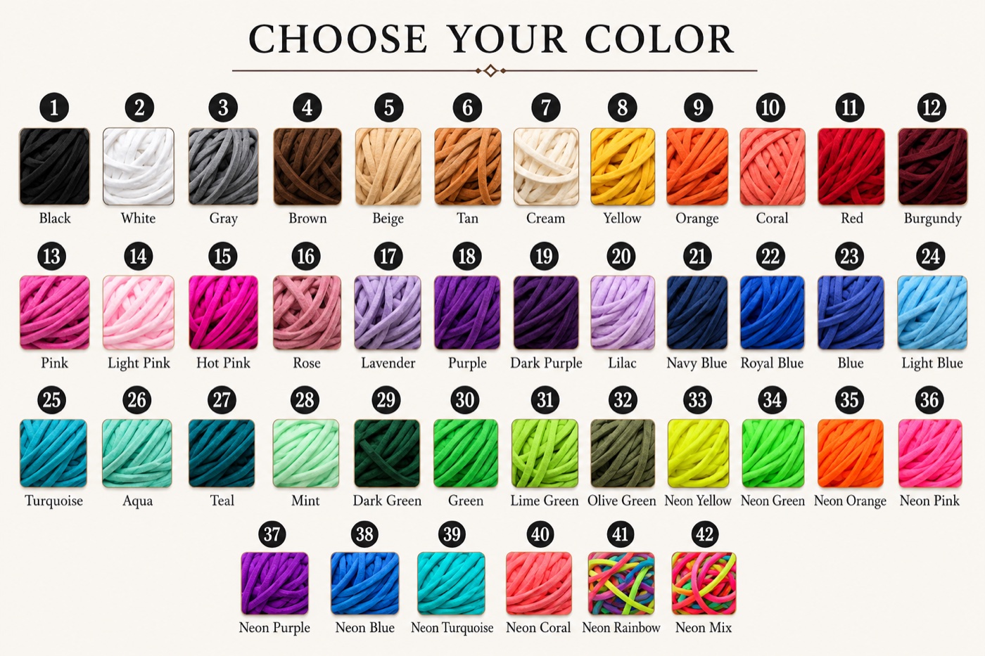 Tassel color chart with 42 numbered options